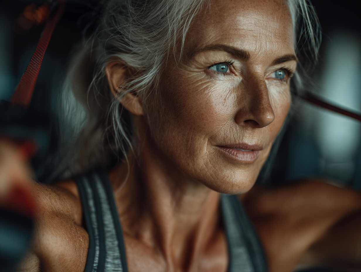 Чоловік середнього віку займається фітнесом вранці